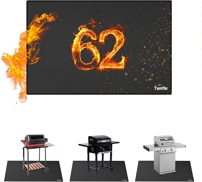Tamfile Large 62 x 40 Inch Under Grill Mats for Outdoor Grill, Double-Sided Fireproof Heat-Resistant Pad, Indoor Fireplace/Fire Pit Rubber Mat, Oil-Proof Waterproof BBQ Protector for Deck and Patio