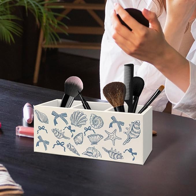 Coquette Blue Seashell Coastal Beach Wooden Utensils Holder, Preppy Nautical Beachy Sea Shell Wood Cooking Utensil Holder Organizer for Kitchen Countertop Counter Decor Accessories