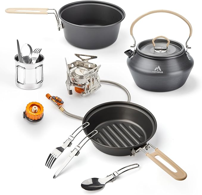 THTYBROS 17pcs Camping Cookware Kit, 0.45Gal Pot, 7inches Pan,0.30Gal Kettle Set with 2 Set Stainless Steel Cups Plates Forks Knives Spoons for Hiking