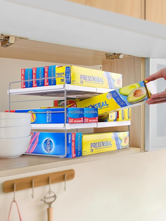 Cirhy Kitchen Wrap Organizer, Expandable Pantry Organizers and Storage, 3-Tier Foil and Plastic Wrap Organizer for Cabinet, Adjustable Shelf for Tin Foil, Ziplock Box, Saran Wrap (9.8-15.6")