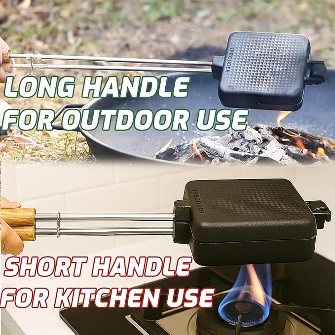 Campfire Pie Iron 4.9" Large Cast Iron Sandwich Maker for Camping 2 Pcs with Storage Bag - 21.7 inch Adjustable Handles - Campfire Cooking Equipment for Grilling & Outdoor Cooking