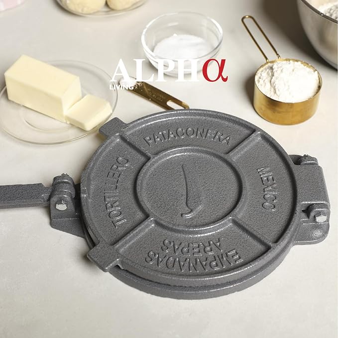Alpha Living Tortilla Press – 8 Inch Cast Iron Quesadilla Maker – Heavy Duty Empanada Maker Press – Cast Iron Tortilla Maker for Kitchen, Home Use
