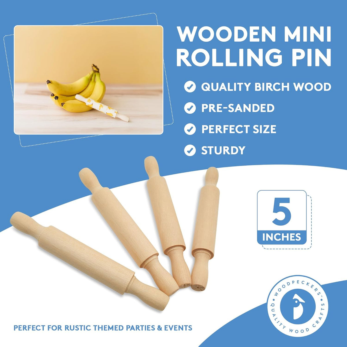 Wooden Mini Rolling Pin, 5 Inches Long, Pack of 100, Great for in The Kitchen, Play-doh, Crafting and Imaginative Play, by Woodpeckers