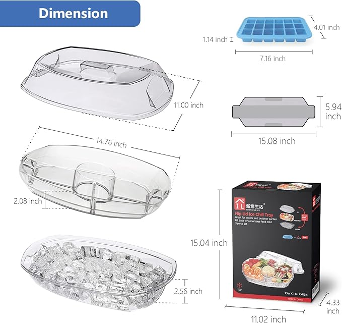 INNOVATIVE LIFE Appetizer Serving Tray on Ice, 15 Inch Party Platter with 4 Ice Cube Tray, Kitchen Chilled Food Bowl with Compartment and Lids for Shrimp, Fruits, Vegetables, Salads, Sushi, Clear