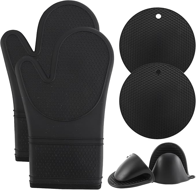 COOK WITH COLOR Silicone Oven Mitts- Heat Resistant Gloves with Soft Quilted Lining Oven Mitt Pot Holders for Cooking and BBQ, Black, Mitt Set
