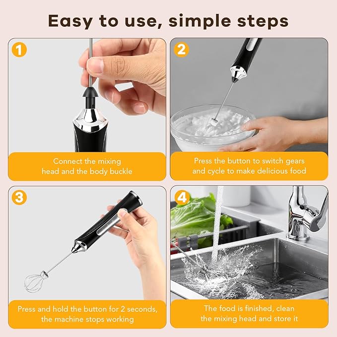 Milk Frother Handheld Rechargeable with Stand Frother Wand Foam Maker 3 Speed Adjustable Hand Mixer with Detachable Stainless 2 Whisks Electric Coffee Frother Stirrer For Latte, Cappuccino, Egg