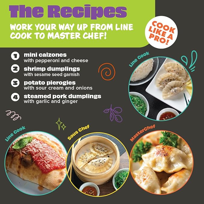 MasterChef Junior Kids Dumpling Making Set- 5 Pc Kit- Real Cookware Includes Recipes, Steamer Basket, Mold, Press Measuring Spoons Steamer Paper, Homemade Cooking Party for Dim Sum Soups Chinese Food