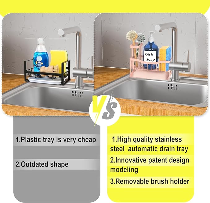 Maifan Sink Caddy Sponge Holder for Kitchen with Brush Holder and Stainless Steel Self Drain Tray, Rustproof Kitchen Sink Organizer for Sponge, Soap Dispenser Storage Accessories Pinky White