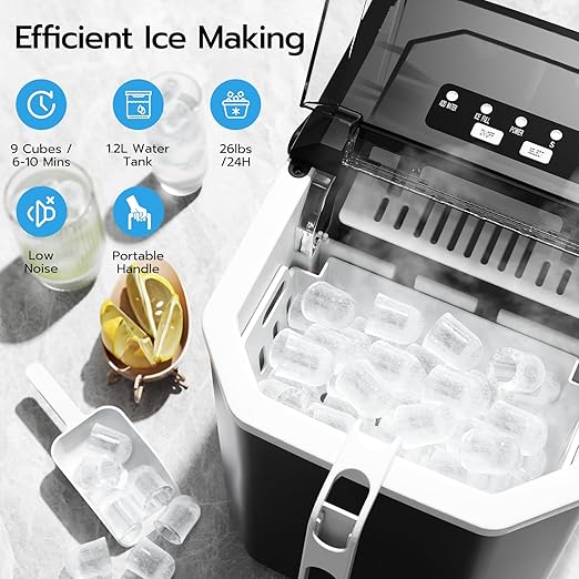 ZAFRO Countertop Ice Maker, 26Lbs/24H, 9 Bullet Cubes in 6 Mins, Self-Cleaning Portable Ice Machine with 2 Ice Sizes (S/L), Quiet Compact Design, Double Handles, for Home, Party, RV, Camping, Black