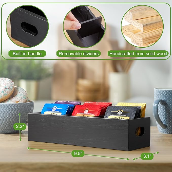 DRASTAR Tea Bag Organizer, Black Wooden Tea Bag Holder& Tampon Holder for Bathroom, Feminine Product Organizer
