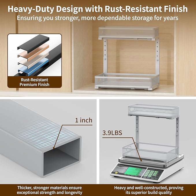 Under Sink Organizer 2 Pack, 2-Tier Slide Out Cabinet Organizer with Metal Sliding Drawer and Hooks, Pull Out Storage Baskets for Kitchen Bathroom Pantry Cabinet Organization (grey)