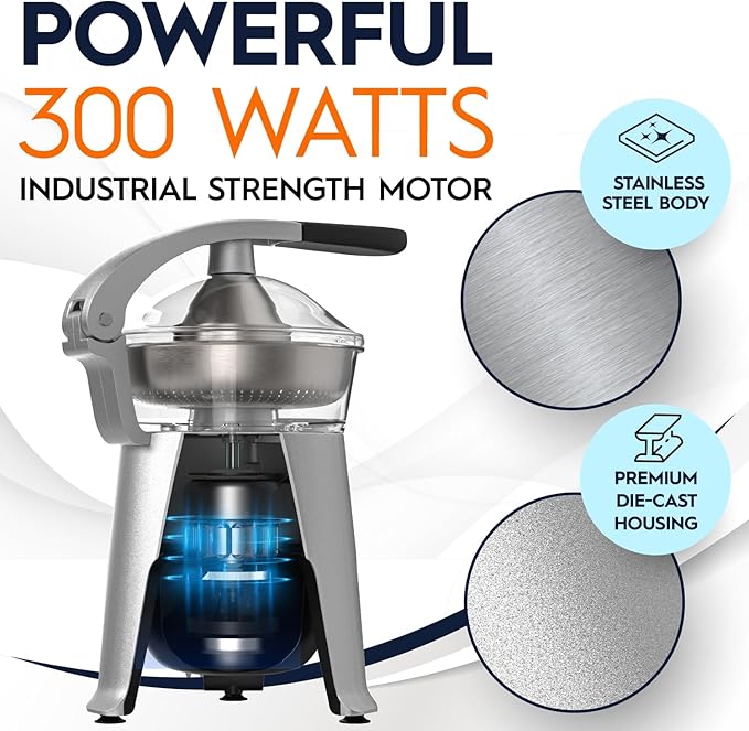 Eurolux Die Cast Stainless Steel Electric Citrus Juicer Squeezer, for Orange, Lemon, Grapefruit | 300 Watts of Power, With 2 Stainless Steel Filter Sizes for Pulp Control