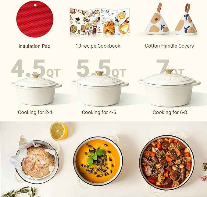 Overmont Enameled Cast Iron Dutch Oven - 7QT Pot with Lid Cookbook & Cotton Potholders - Heavy-Duty Cookware for Braising, Stews, Roasting, Bread Baking Cream White