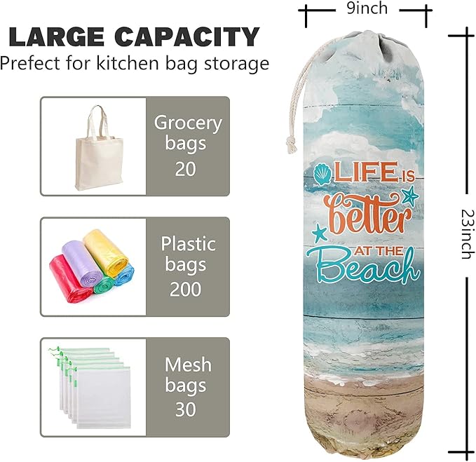 Life is Better at The Beach, Grocery Bags Holder Organizer for Shopping Bags，Wall Mount Plastic Bags Storage Container Dispensers, Gift for Women Mother Grandmother Friend