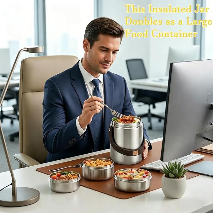 67oz Adults Stainless Steel Vacuum Insulated Thermal Lunch Box, 3 Tier Stackable Sealed Leak-Proof Wide Mouth Portable Bento Food Container, Hot Food Thermo Jar for Soup Office & Outdoor (Silver)