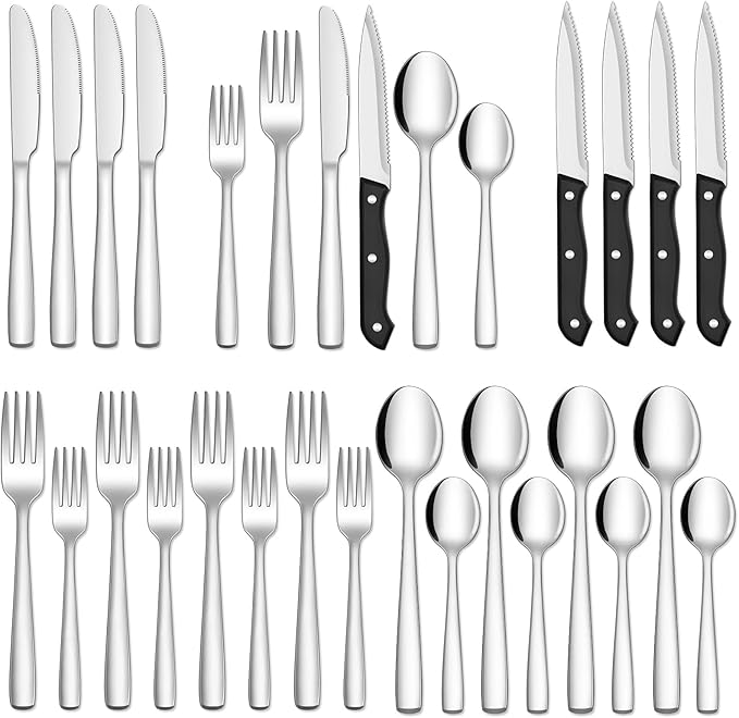 Hiware 24-Piece Silverware Set with Steak Knives, Stainless Steel Flatware Cutlery, Mirror Polished Flatware Serving Utensils Set for 4, Includes Forks Spoons Knives Silverware, Dishwasher Safe