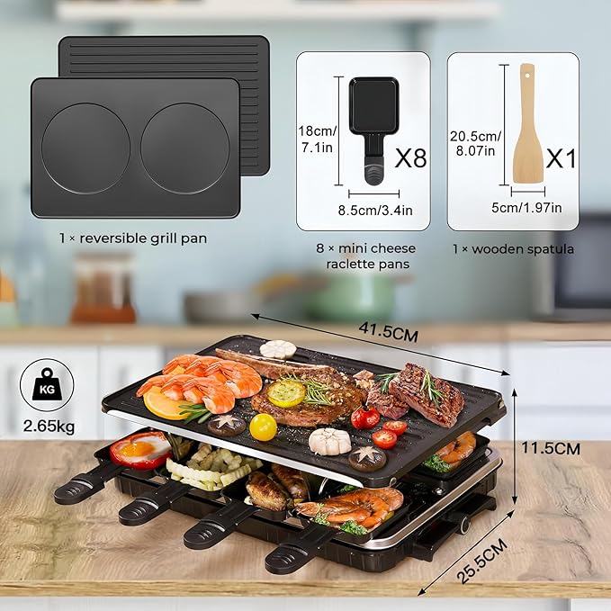 Raclette Grill, Raclette for 8 People, 1300W Electric Grill with 1 Reversible Non-stick Grill Pan & 8 Mini Raclette Cheese Pans & 1 Wooden Spatula, for Indoor Family Barbecue & Party