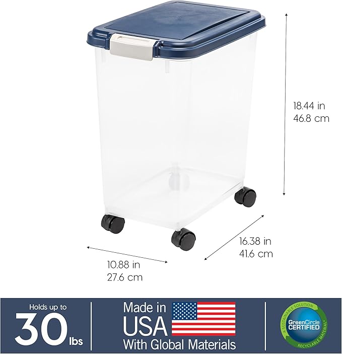 IRIS USA 30 Lbs / 33 Qt WeatherPro Airtight Pet Food Storage Container with Attachable Casters, For Dog Cat Bird and Other Pet Food Storage Bin, Keep Fresh, Translucent Body, Easy Mobility, Navy