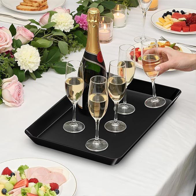 SpaceTrove 6-Pack Serving Tray Set, Reusable Plastic Serving Platter for Party Supplies, Entertaining, Grilling Accessories, Stackable Kitchen Snack Box Container for Dessert, Fruit, Cookie, (Black)