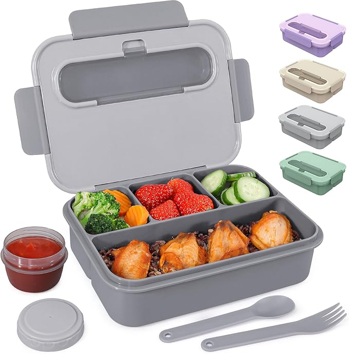Caperci Bento Box Adult - 50 oz Large Lunch Containers for Adults and Teens, 4-Compartment Bento Lunch Box with Utensils & Leak Proof Sauce Cup, Dishwasher Safe, Durable, BPA-Free (Gray)