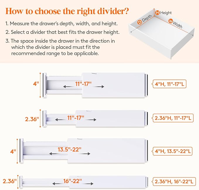 Lifewit 12 Pack 2.36" High Drawer Dividers 28-43.5cm/11-17" Adjustable Drawer Organizer for Clothes/Utensils, Expandable Drawer Separator in Dresser/Kitchen/Bedroom/Office Organization & Storage White