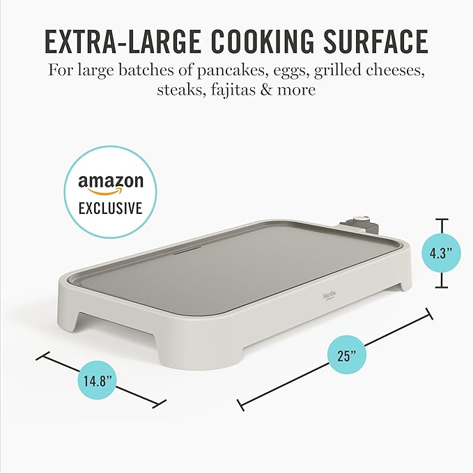 Martha Stewart 12” x 22” Electric Griddle, XL Ceramic Nonstick Flat Top Cooking Surface, Adjustable Temperature Dial, Drip Tray, Dishwasher Safe, 1500W Fast Even Heating, Pancakes & Eggs, Linen White