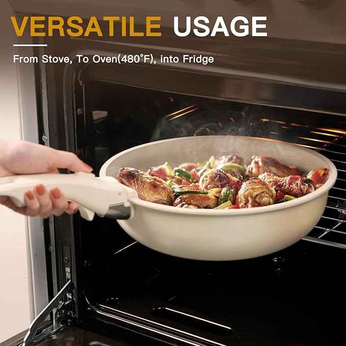 Astercook Ceramic Non-stick Cookware 21 Pcs Pots and Pans Set, Detachable Handle, RV Kitchen Non Stick Cooking Set Removable Handles, Oven Safe, Induction Ready, Stackable, Cream White