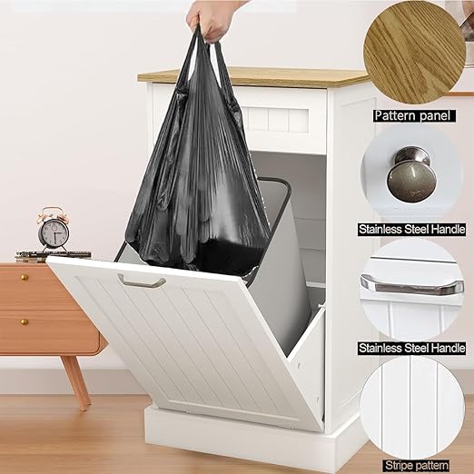 RASOO Tilt Out Trash Cabinet Wooden Freestanding Dog Proof Single Door 10 Gallons with Drawer Trash Can Cabinet