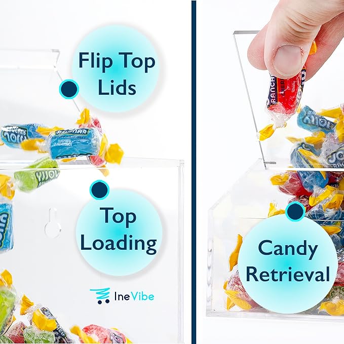 Inevibe Candy Dispenser - Bulk Acrylic Storage Holder with Two Lids for Countertop or Wall Mount - Store Chocolate, Treats, Sweets, and Snacks (1)