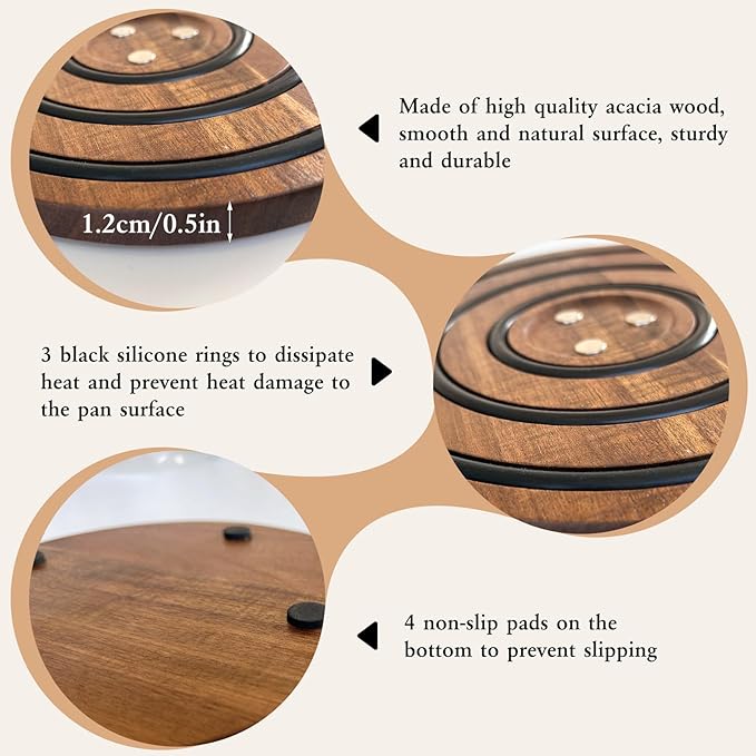 2Pcs Magnetic Wooden Trivets for Hot Pots & Pans, Heat Resistant Acacia Wood Trivets with 2 Silicone Pan Handle Covers&4 Cast Iron Handle Sleeve for Dutch Ovens Hot Pots&Pans Cast Iron Skillet