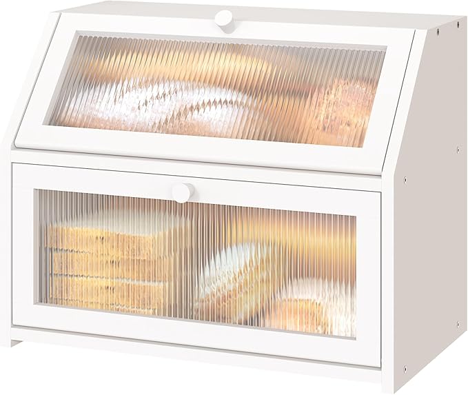 White Bread Box for Kitchen Counter, Large Bamboo Wood Double Layer Bread Box, Wooden Bread Storage Capacity