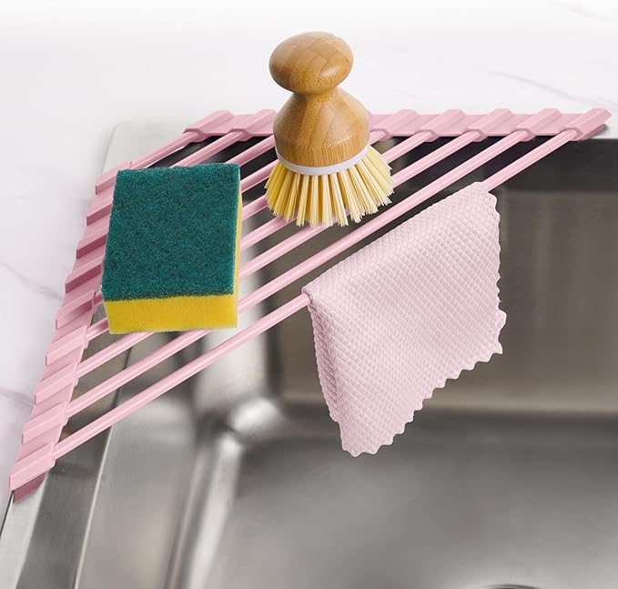 Tomorotec Compact Silicone-Coated Triangle Dish Drying Rack for Sink Corner - Foldable Stainless Steel Over-The-Sink Organizer and Storage Shelf (Pink)