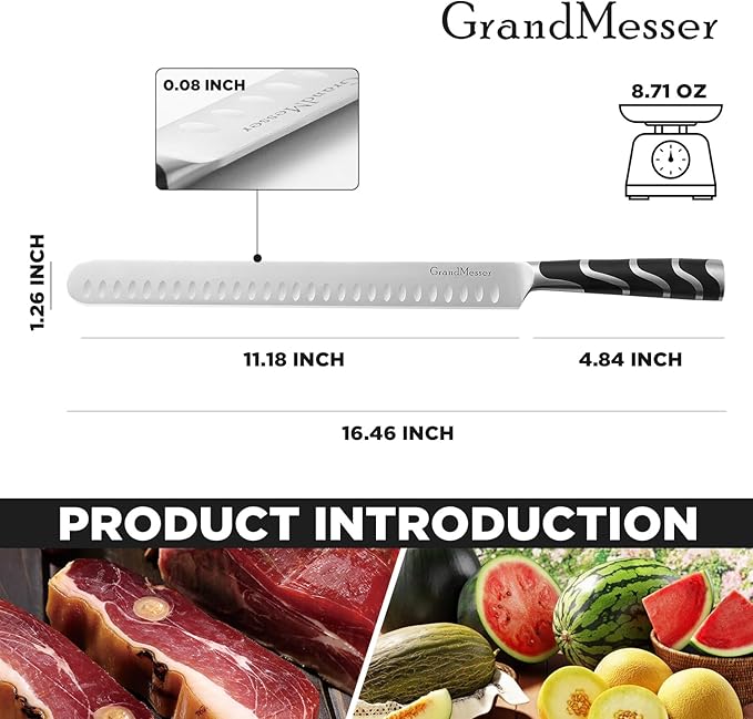 Carving Knife, 12 Inch Slicing Knife for Meat, Premium German Steel with ABS Handle, for BBQ Brisket Turkey Ham Rib Roast Beef with Sharpener.