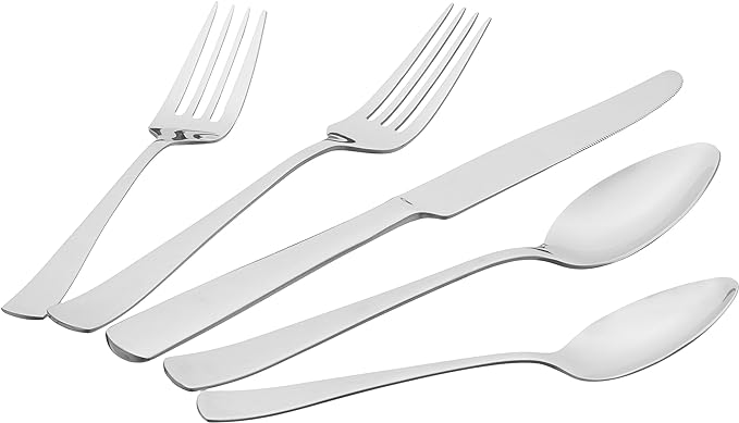 Amazon Basics 20-Piece Stainless Steel Flatware Set with Square Edge, Dishwasher Safe, Simple Design, Service for 4, Silver