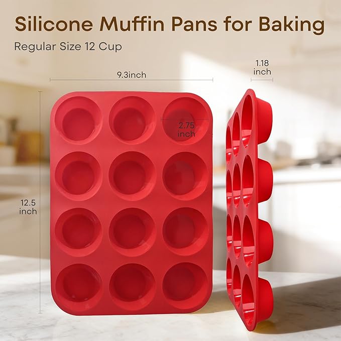 Silicone Muffin Pans for Baking Nonstick 2 Pcs, 12 Cup Regular Cupcake Pan, Food-Grade Silicone Baking Molds for Cupcakes, Egg Bites, Freezer, Red