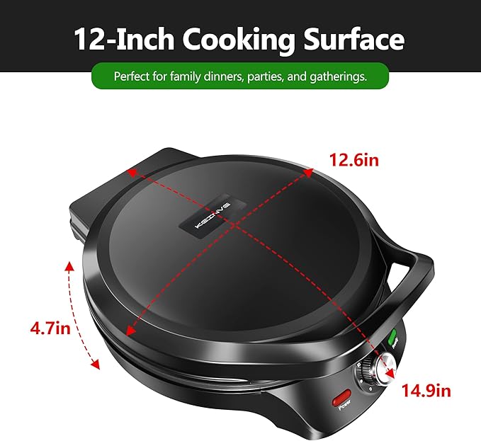 KEINVE 1500W Electric Griddle, 2-in-1 Indoor Griddle and Pizza Maker with 30-Min Timer and Auto Shut-Off, 12" 180° Open for BBQ, Steak, Burgers, Salmon, Veggies, and More