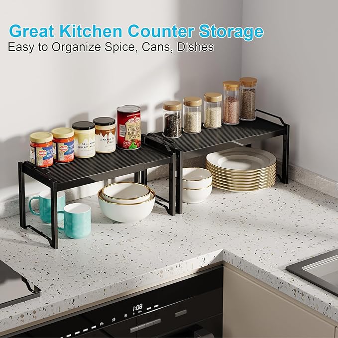 X-cosrack 2 Pack Expandable Kitchen Cabinet Shelf Organizer, Stackable Adjustable Storage Shelves for Pantry Cupboard Kitchen Counter, 20LBS Loading Capacity, Size: W*D*H=20.5 * 8.26" * 8.72"