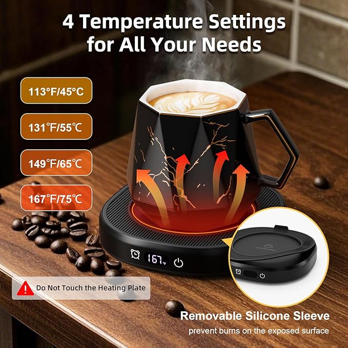 Coffee Mug Warmer & Unique Marbling Mug Set, Smart Heated Electric Cup Warmer for Desk Office, 4 Temperature Control Coffee Tea Beverage Warmer, 8 Hours Auto Shut Off, Christmas Birthday Gifts for Man