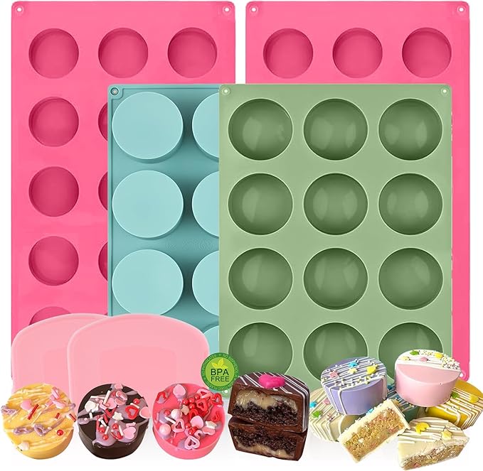 4 PCS Cake Puck Mold Set, 2 Different Sizes Chocolate Covered Cake Silicone Molds, 15 Cavity&12 Cavity Round Cake Pop Molds with 2 Spatulas for DIY Cake Cores, Cakepucks, Chocolate Desserts