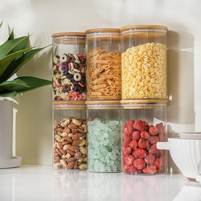 D2scrma 32oz Straight Cylindrical Airtight Storage Containers with Bamboo Lids Set of 6, Round Stackable Canisters, Food Jars, Pantry Organizers for Sugar, Cookies and Coffee beans (with Black Lable)