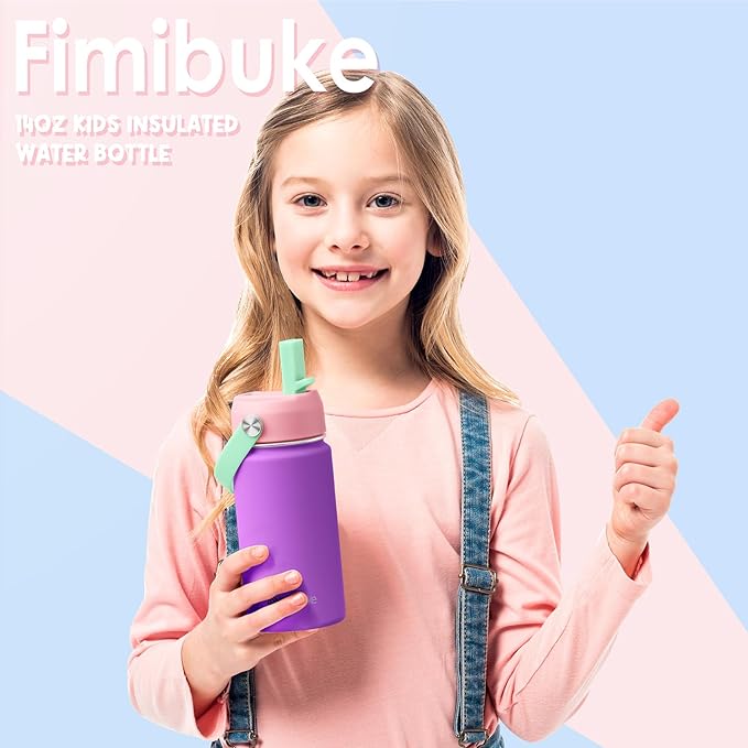 Fimibuke Kids Insulated Water Bottle - 14oz BPA-FREE 18/8 Stainless Steel Travel Tumbler Leak Proof Double Wall Vacuum Kid Cup with Straw Metal Water Bottle for School Boys Girls（2 Pack, Candy/Bubble）