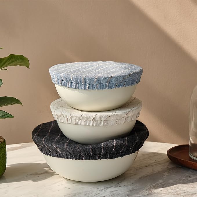 100% Pure Linen Bowl Covers For Bread Proofing, 4 Pcs Elastic Reusable Bowl Covers Large Ticking Striped Cloth Fabric Stretch Sourdough Lids, 6 * 8 * 10 * 12 Inches- Deep Blue