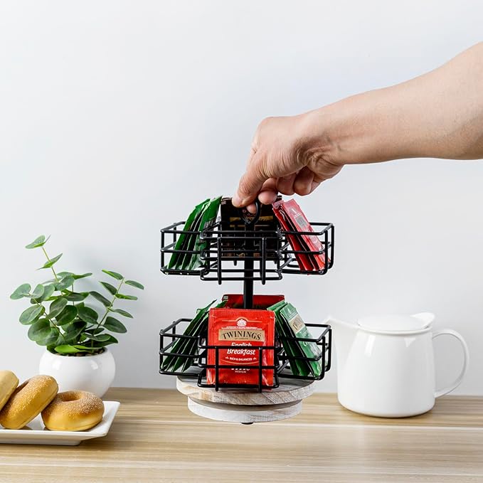 MyGift 8 Compartment Tea Bag Organizer Carousel, Black Metal Wire Packet Holder and 360 Degree Spinning White Washed Solid Wood Base, Coffee Station Storage Caddy