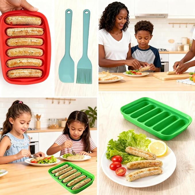 Silicone Sausage Mold 2 Pcs with a Set of Silicone Brush Spatula and 25x Pastry Bags, Non-Stick Hot Dog Bun Pan, DIY Handmade Ham Sausage, Hot Dogs Baking Mold for Children's Food with Lid, Orange