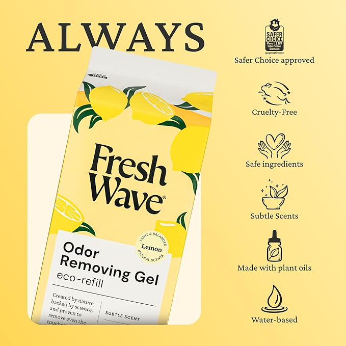 Fresh Wave Lemon Odor Removing Gel Refill, 63 oz. - Safer Odor Absorbers for Home, Natural Plant-Based Odor Eliminator, Every 15 oz. lasts 30-60 Days, For Cooking, Trash & Pets (Pack of 2)
