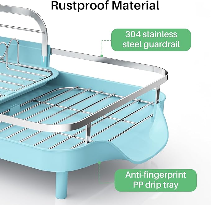 SAYZH Dish Drying Rack - Expandable Dish Rack for Kitchen Counter, Rust-Resistant Dish Drainer with Utensil Holder and Raised Guardrail, Kitchen Organizer for Cup and Bottle (Blue)