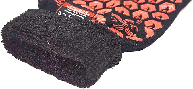 J H Heat Resistant Oven Glove:EN407 Certified 932 °F, 2 Layers Silicone Coating, Oven Mitts for Cooking, Kitchen, Fireplace,Camping, Grilling (Black/Red, Regular Cuff (Upgrade Comfortable FIT))