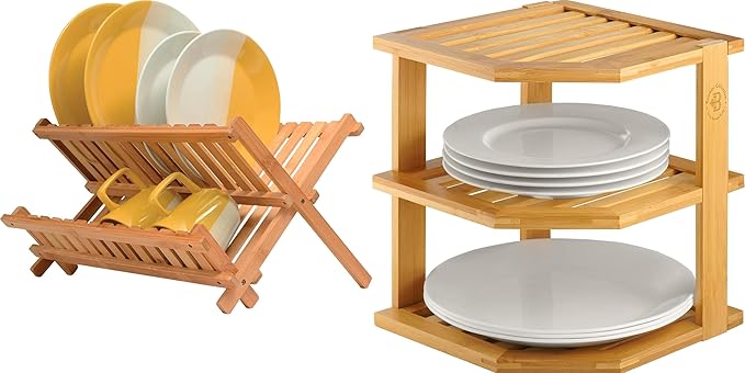 Bambüsi Bamboo Dish Drying Rack and Plate Organizer Set Bundle