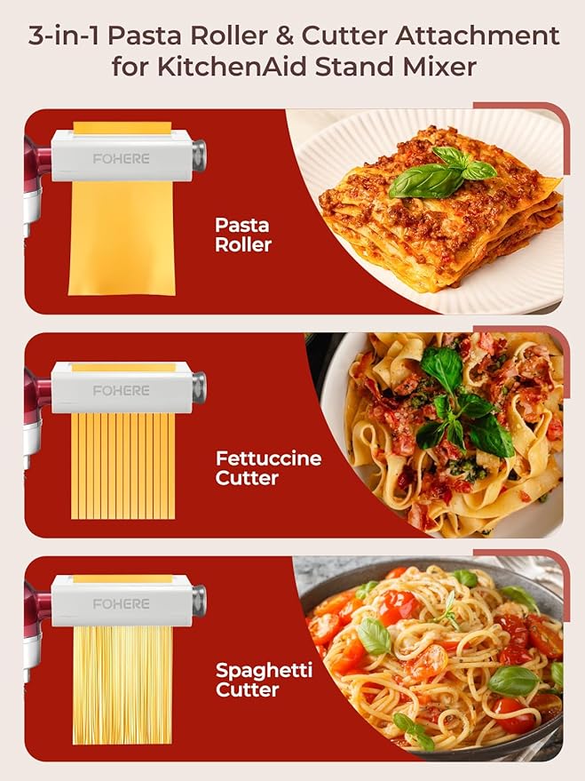 3-IN-1 Pasta Maker Attachment for KitchenAid Stand Mixer, Pasta Maker Accessories with Pasta Roller, Fettuccine Cutter, Spaghetti Cutter and Cleaning Brush, Homemade Fresh Noodles and Italian Cuisine