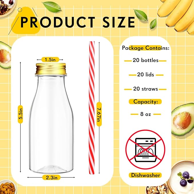 Yinkin 20 Sets Plastic Milk Bottles with Straws Lids Clear Plastic Containers for Dairy Milk Party Bottle for Juices Shakes Smoothies (8 oz,Gold Lid)
